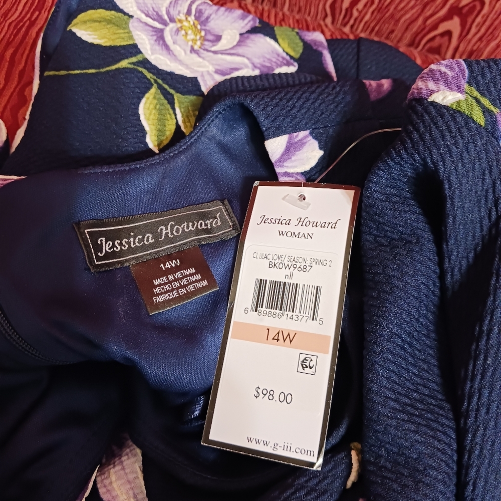 JESSICA HOWARD Navy Blue Floral Zip Short Sleeve Dress Women Sz 14W - Picture 7 of 12